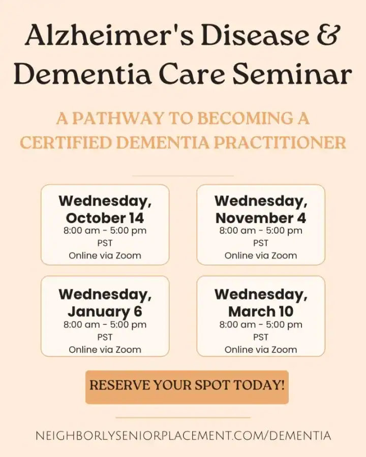 Alzheimer's Disease and Dementia Care Seminar dates: Oct 14, Nov 4, Jan 6, Mar 10