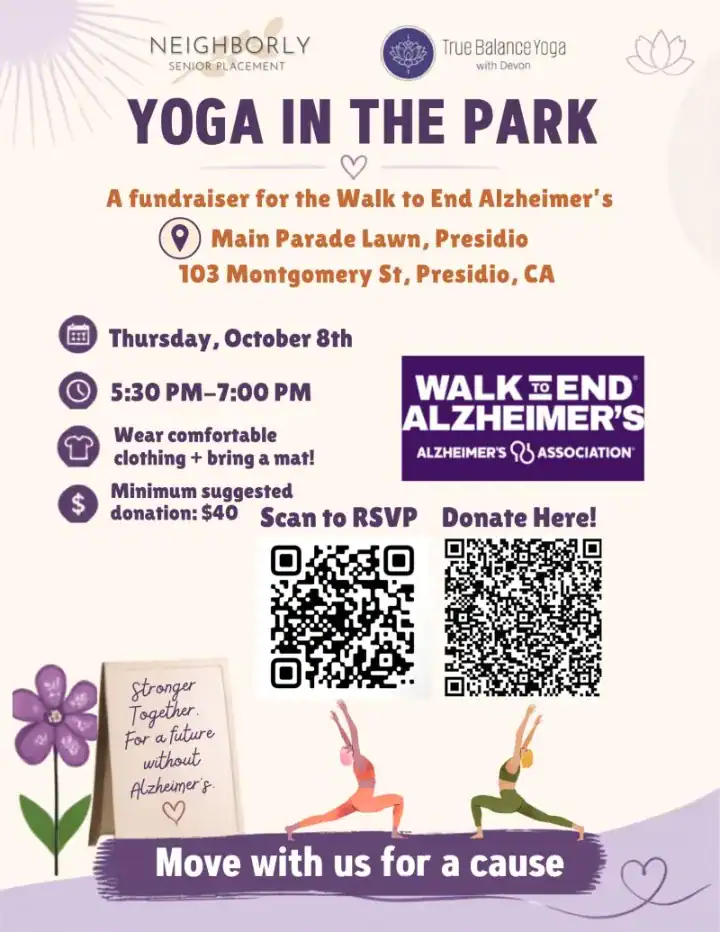 Yoga in the Park, October 8, a fundraiser for the Walk to End Alzheimer's