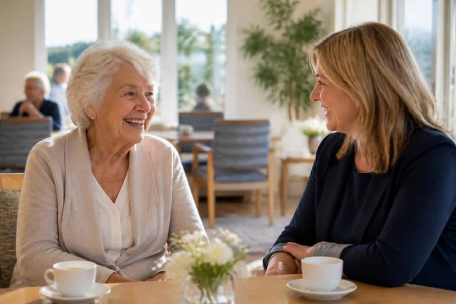 A woman in a wheelchair is welcomed at the entrance of an assisted living community after rehab