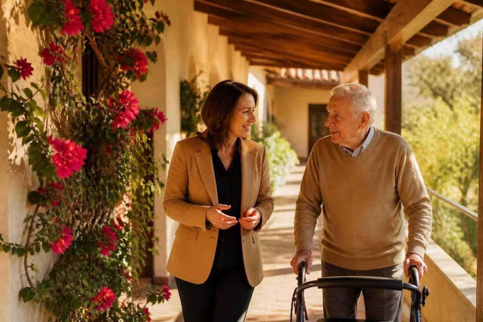 An advisor walks with a resident along the breezeway of an assisted living community