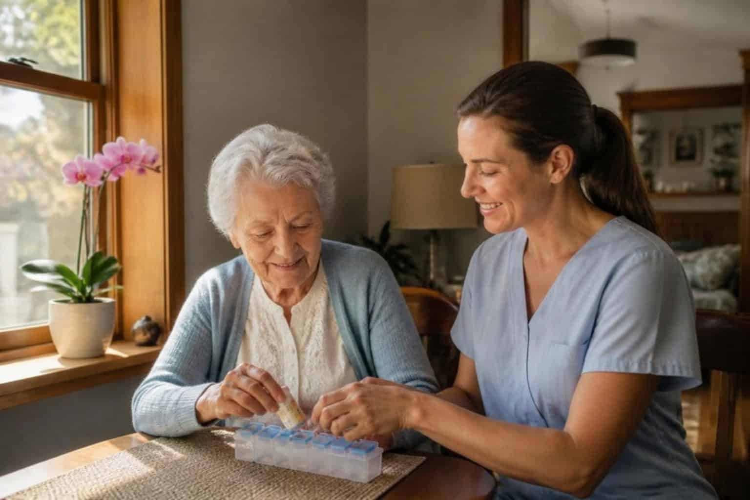 A caregiver helps a resident sort her weekly medications by a sunny window
