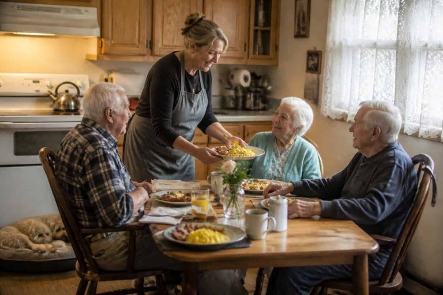 A caregiver serves breakfast to residents at the kitchen table of a board and care home