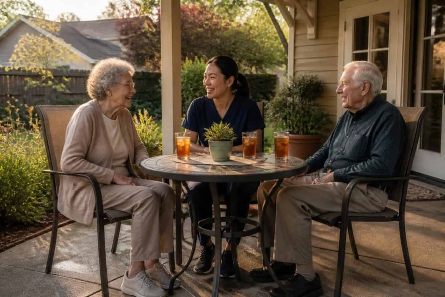 Residents and a caregiver relax on the back porch of a small board and care home