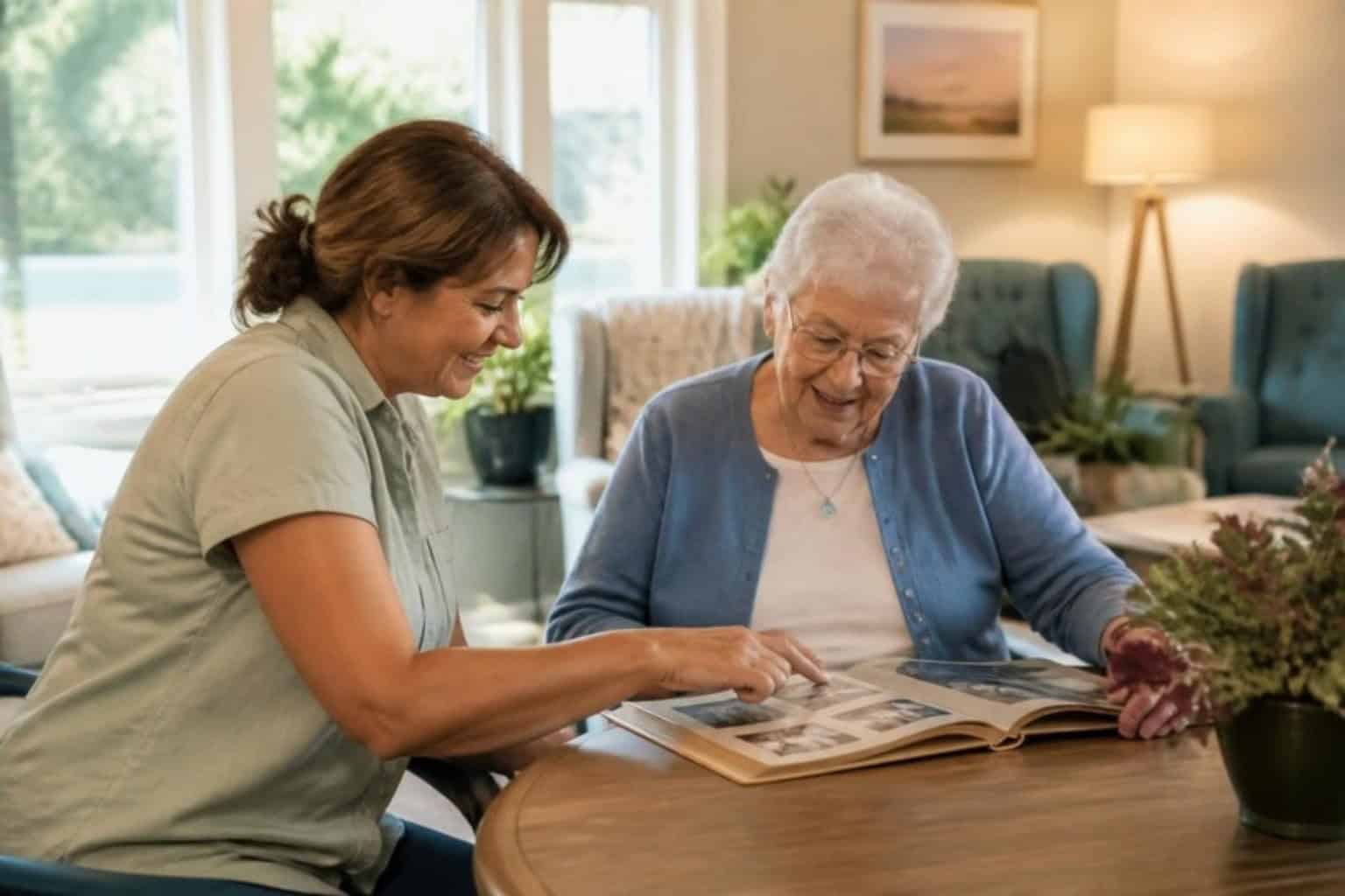 A caregiver and a resident look at old photographs together in a memory care community