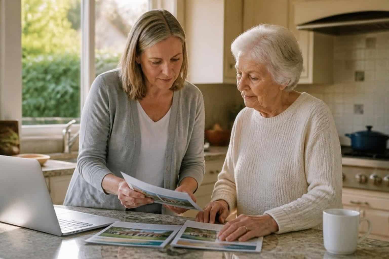 An adult daughter and her mother compare senior living brochures at a kitchen counter