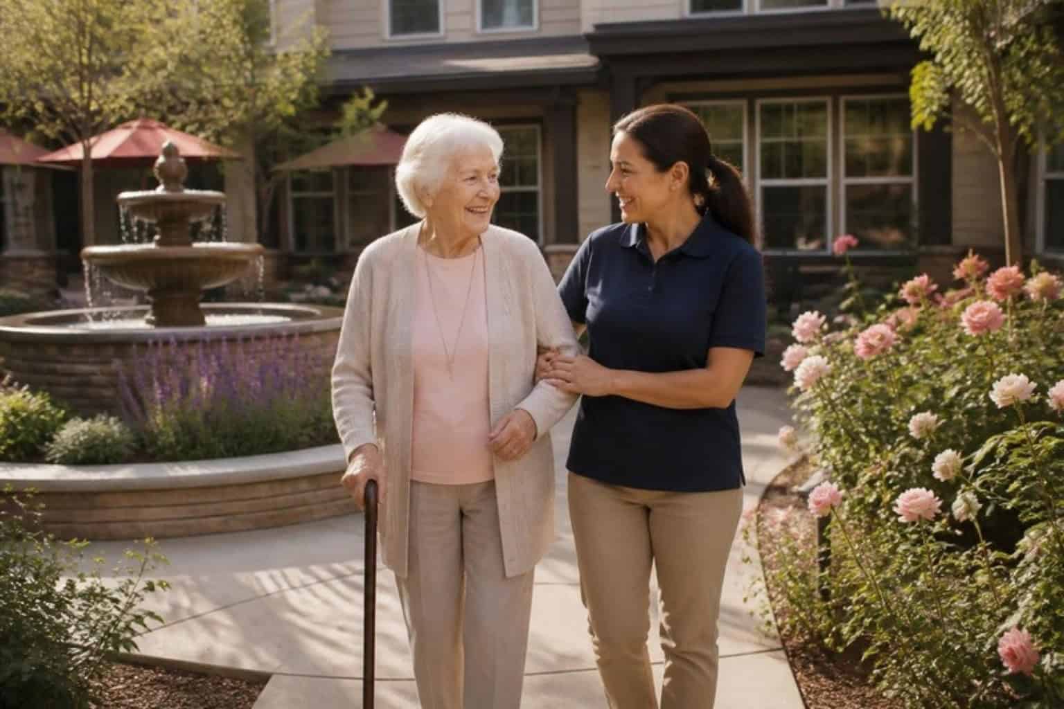 A resident walks with a staff member through the courtyard of an assisted living community