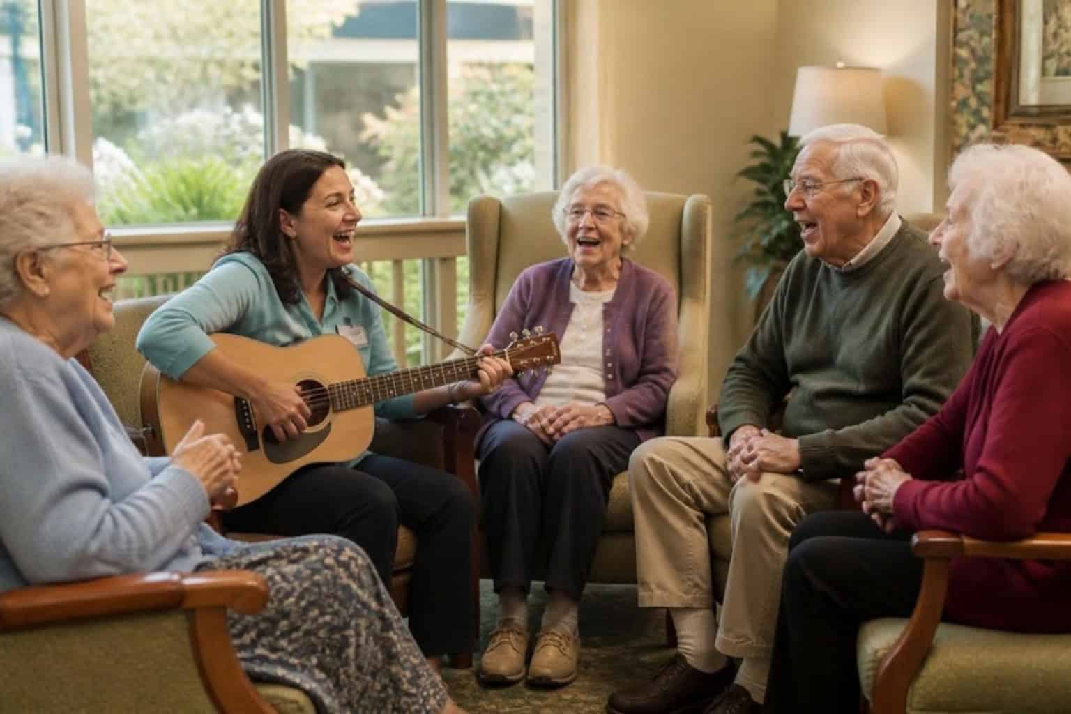 A music activity in a memory care community with residents singing together