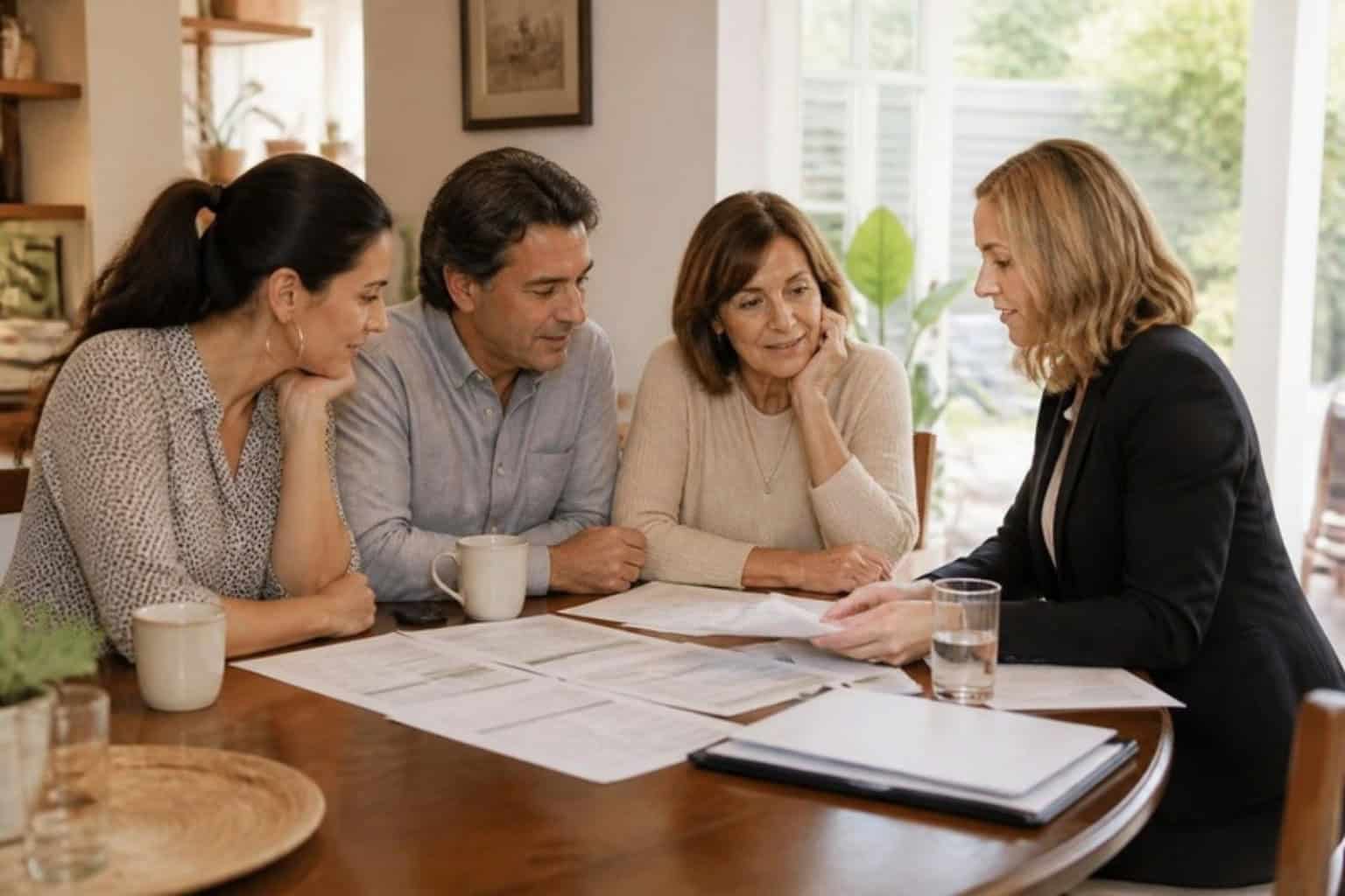 A family meets with a senior placement advisor at a dining table to compare options