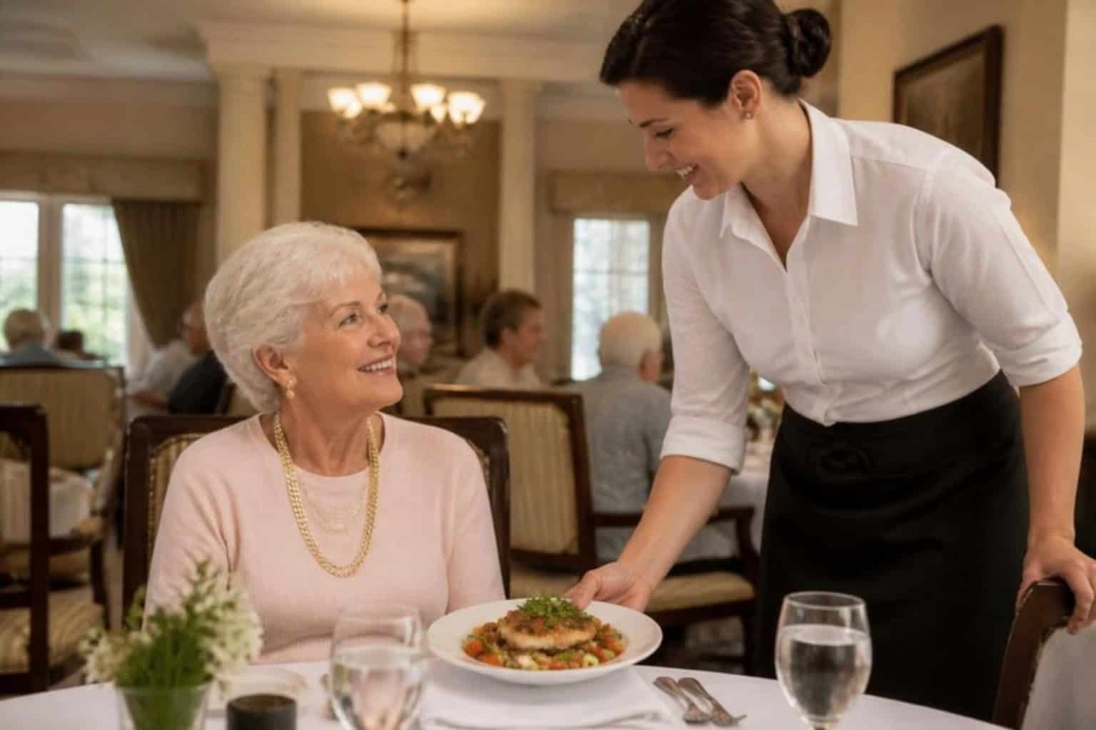 A resident enjoys lunch with a staff member in an assisted living dining room