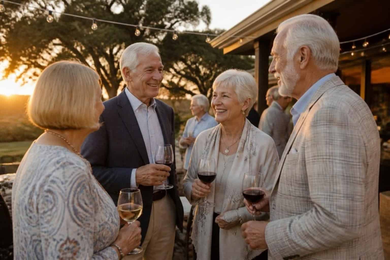 Neighbors chat on the patio of an independent living community at sunset