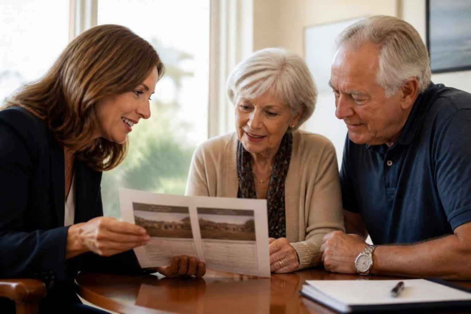 An advisor walks a couple through a side by side comparison of senior living options