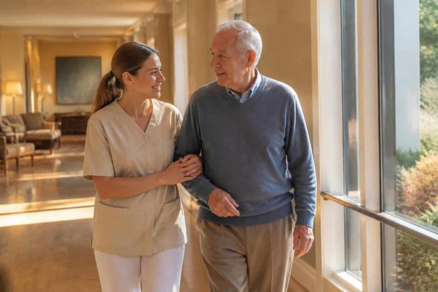 A caregiver walks arm in arm with a resident down a sunlit hallway of an assisted living community