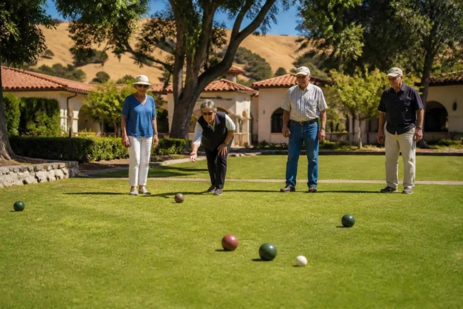 Residents play bocce on the lawn of a continuing care retirement community