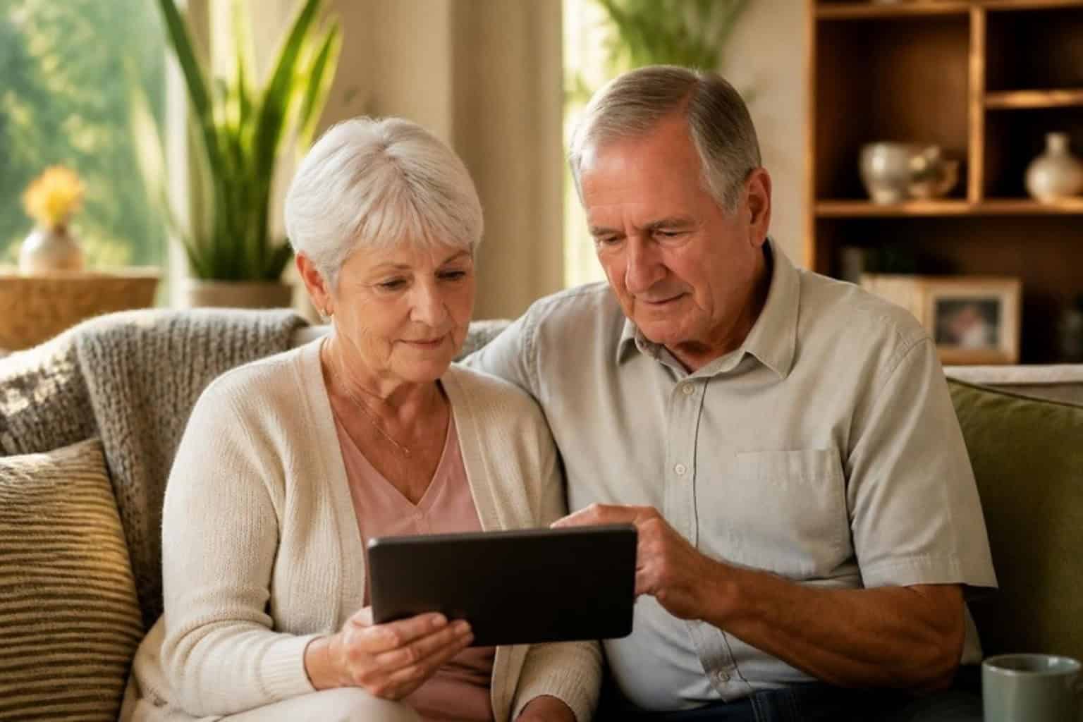 A couple reads about senior living options together on a tablet at home