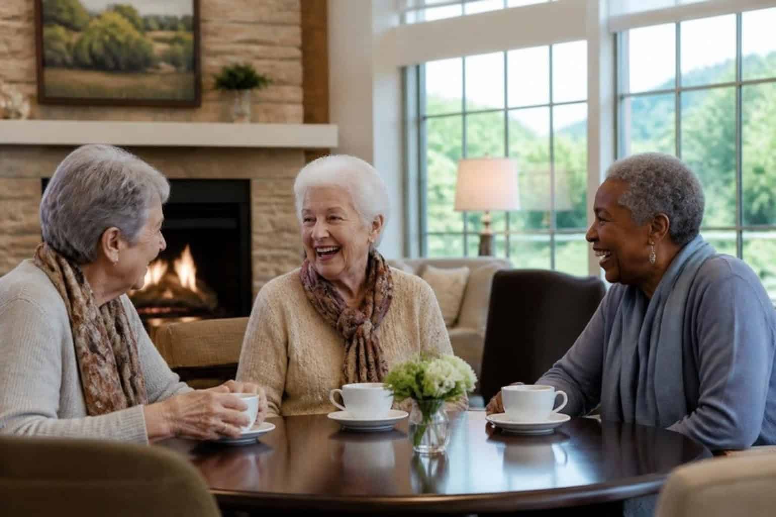 A resident laughs with friends over coffee in an assisted living community lounge