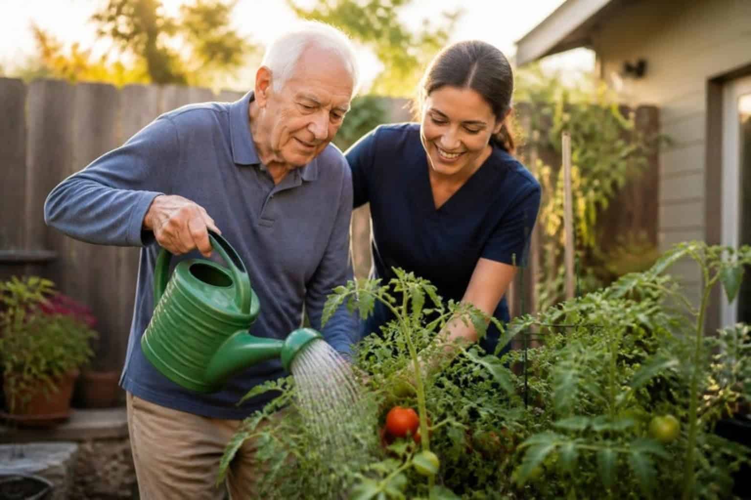 A caregiver helps a resident water plants in the garden of a board and care home