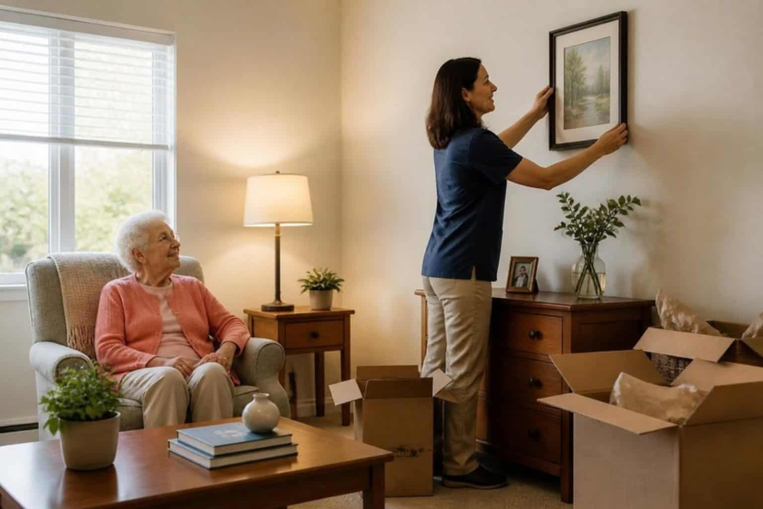 A resident settles into her new assisted living apartment with help from staff