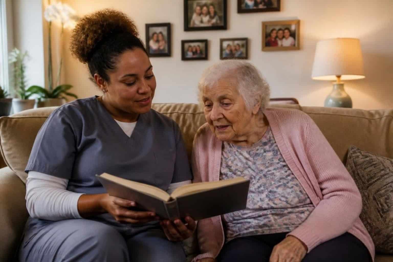 A caregiver reads with a resident in the living room of a board and care home