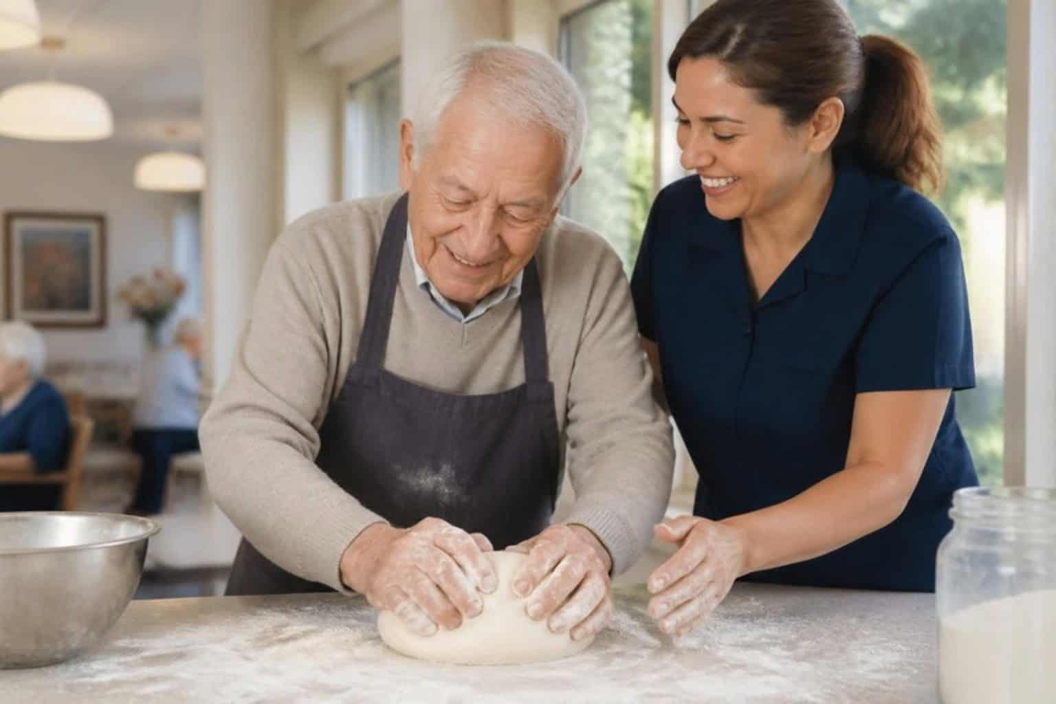 A resident and a caregiver bake together in the kitchen of a memory care community