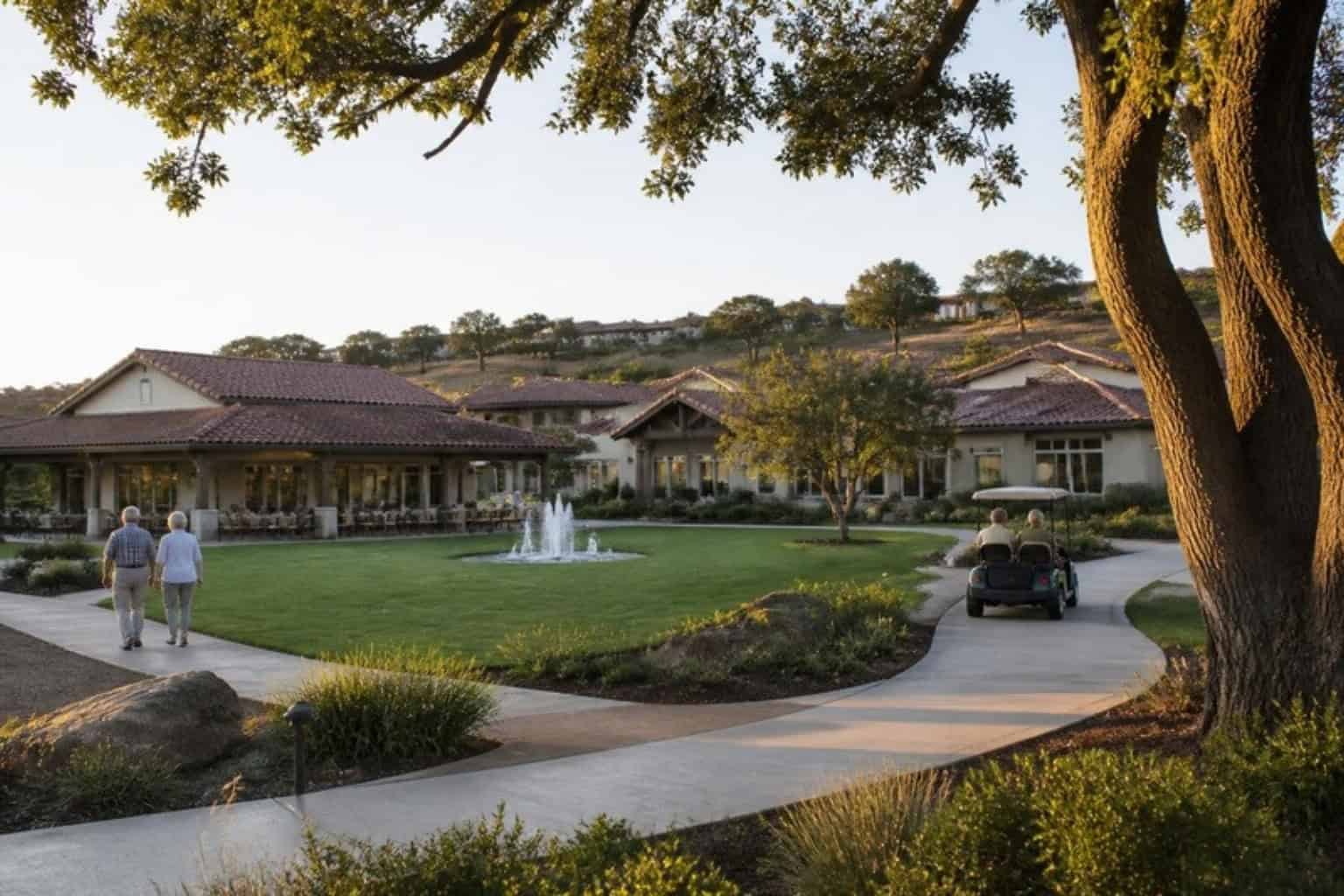 A continuing care retirement community campus in the California hills at golden hour