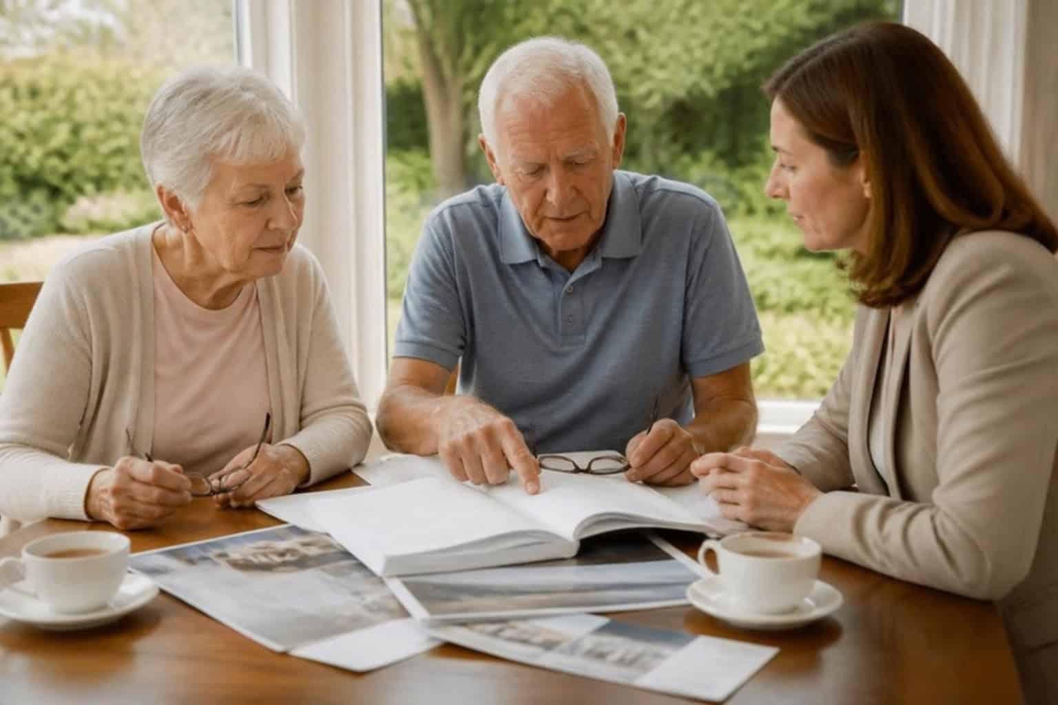 A couple reviews a continuing care contract with an advisor at their dining table