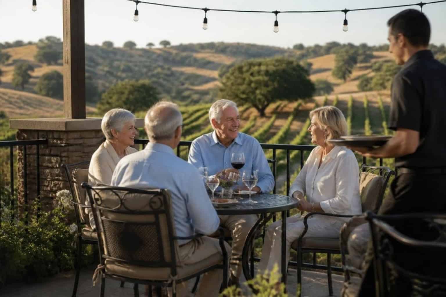 A couple shares a glass of wine with friends on a clubhouse terrace overlooking the hills