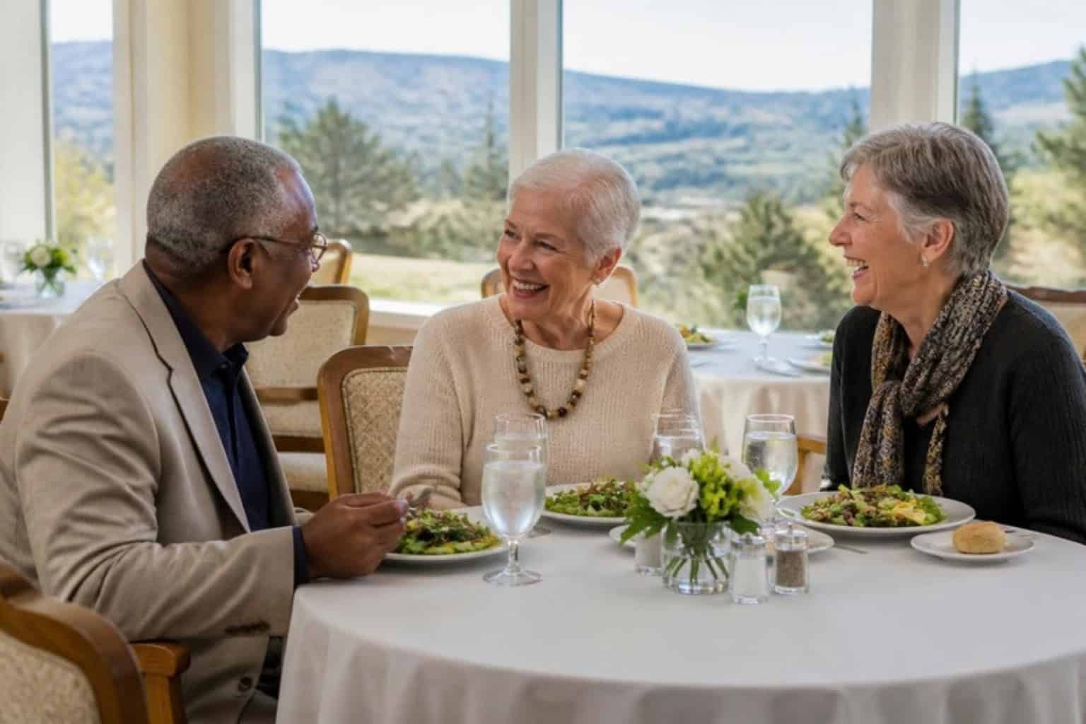 Friends sharing a meal in the dining room of a Bay Area independent living community
