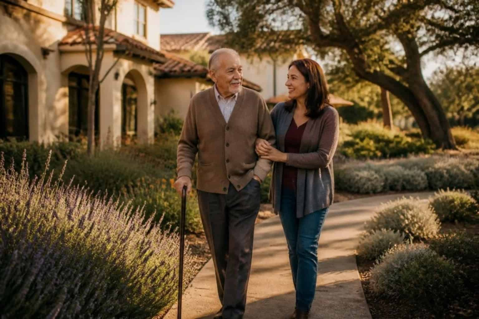 A father and daughter walking the garden path of a Bay Area assisted living community