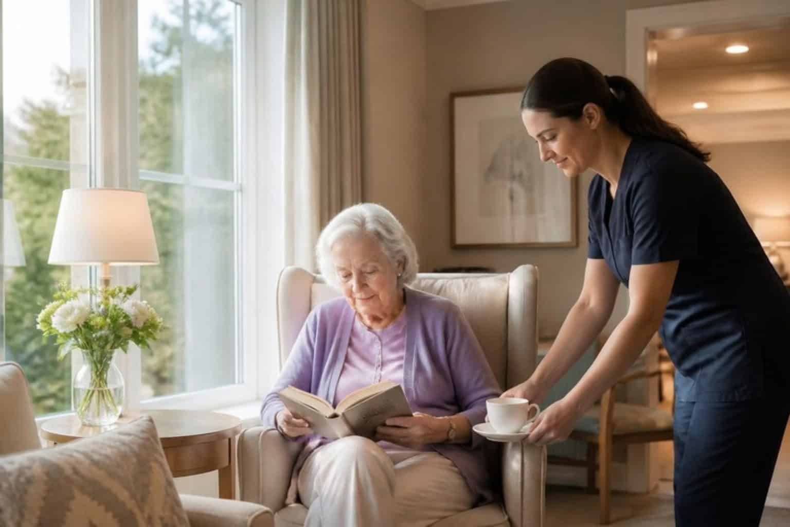 An elderly woman reads by a sunny window in her assisted living apartment while a staff member brings tea