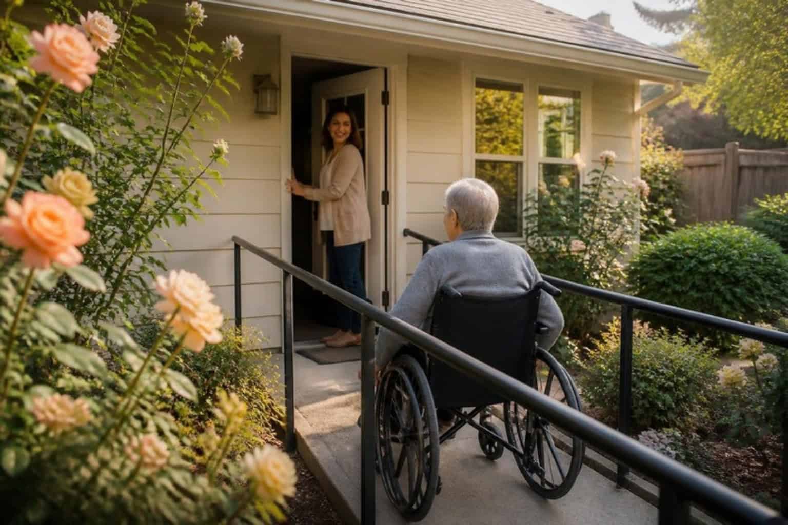 A caregiver opens the front door of a single-story board and care home with a ramp and rose bushes