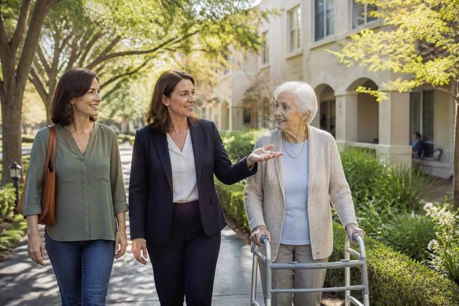 A Neighborly advisor walks with an adult daughter and her mother along a path outside a senior community