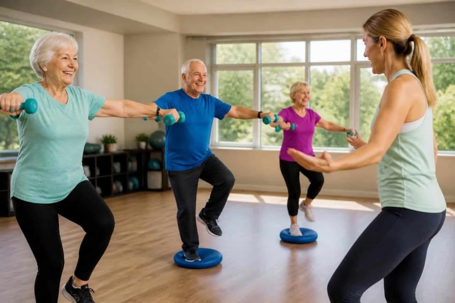 Active older adults in a balance class at an independent living community