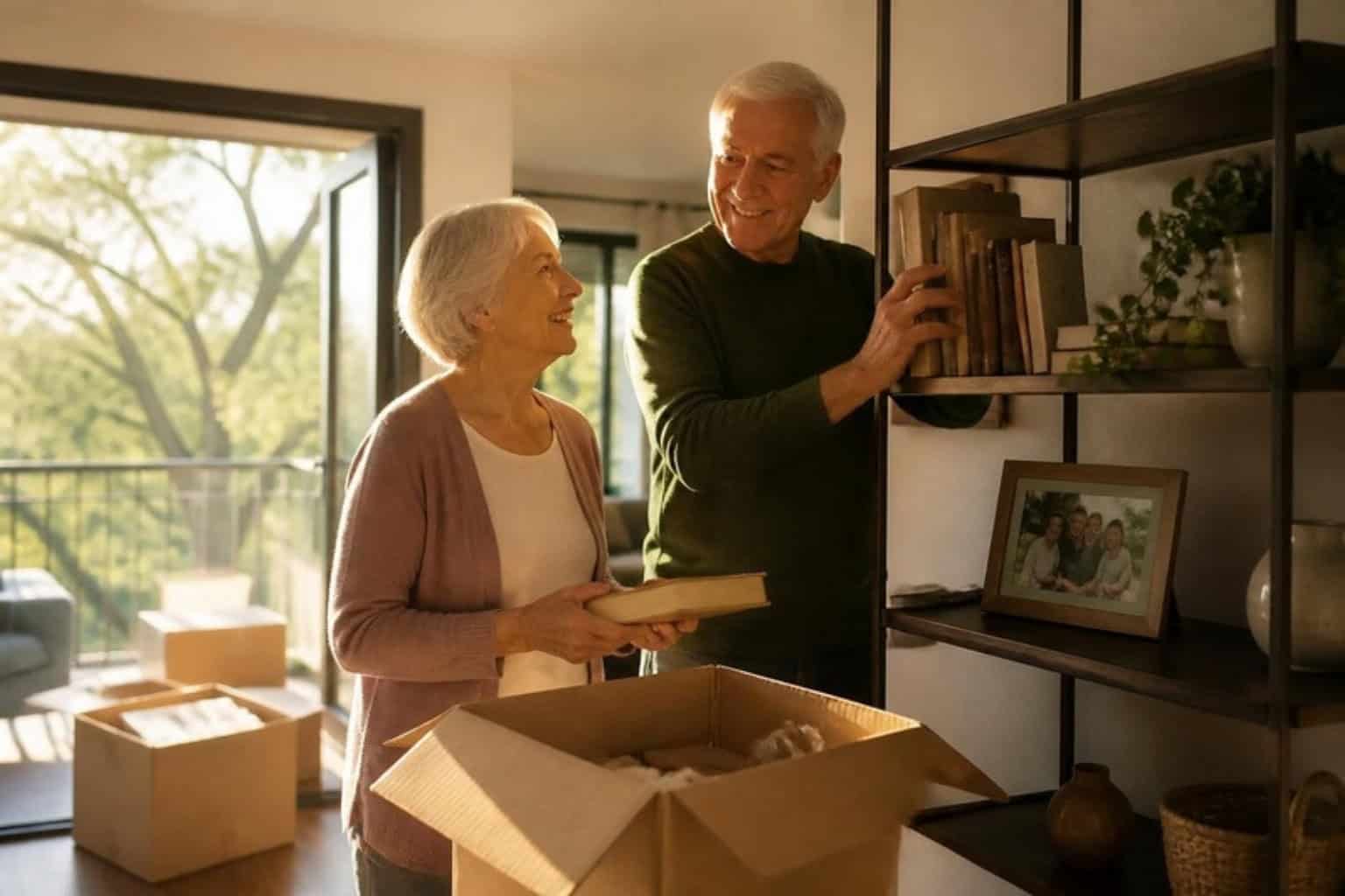 A couple unpacks books in their new independent living apartment
