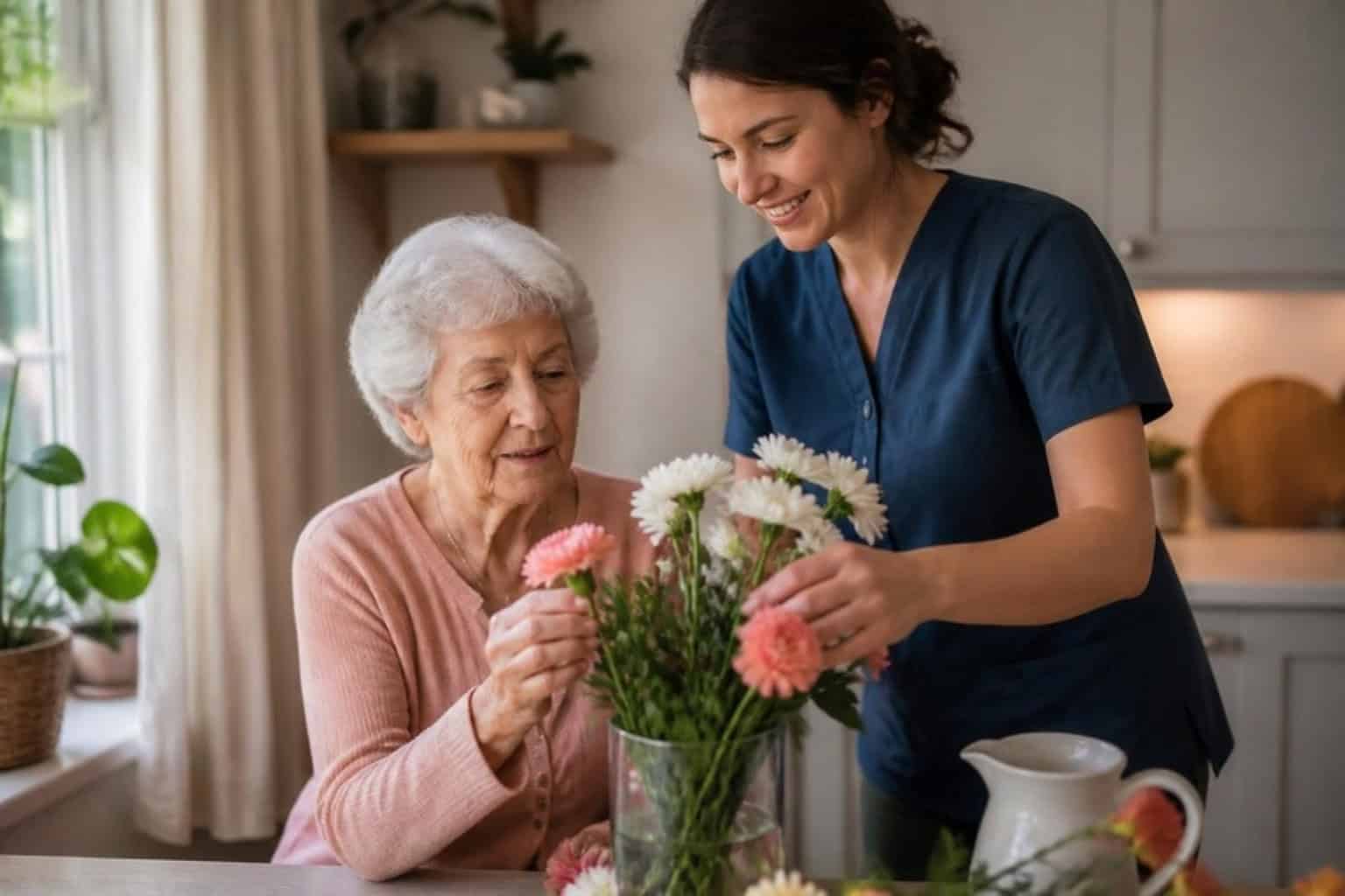 A caregiver and a resident arranging flowers together in a Bay Area memory care community