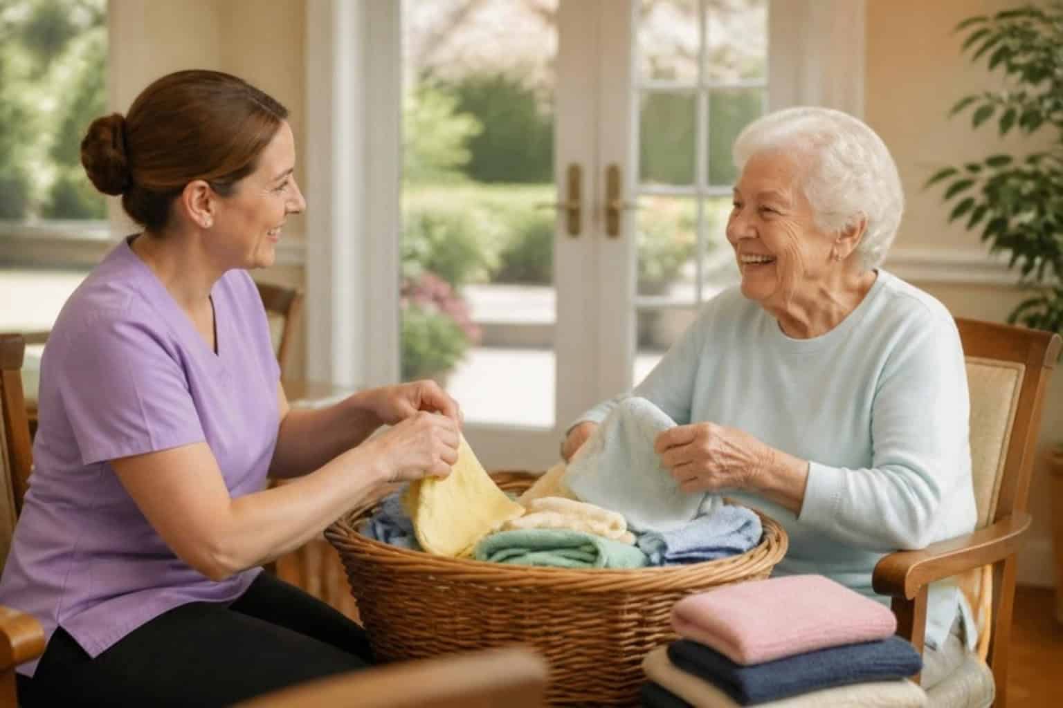 A caregiver and a resident fold laundry together in a memory care activity room