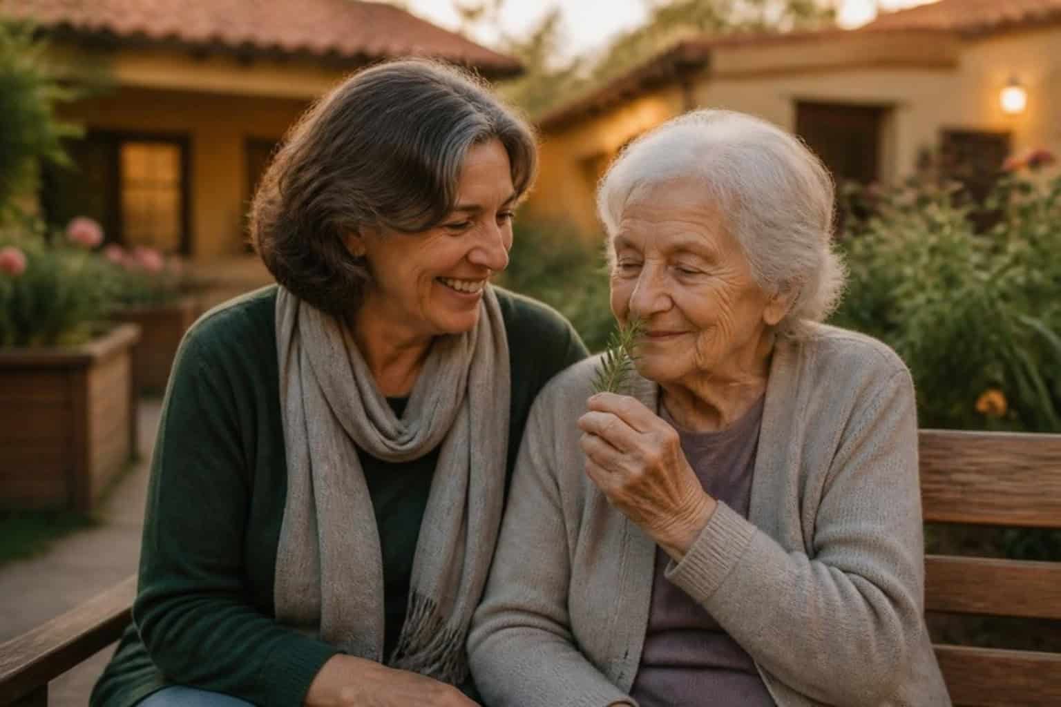 A daughter and her mother on a bench in a secured memory care garden