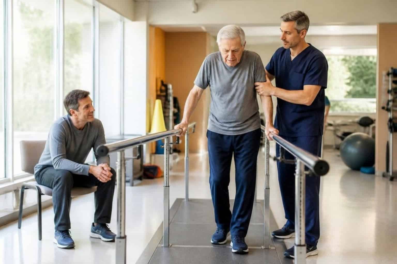 A physical therapist steadies a man walking between parallel bars in a rehab gym
