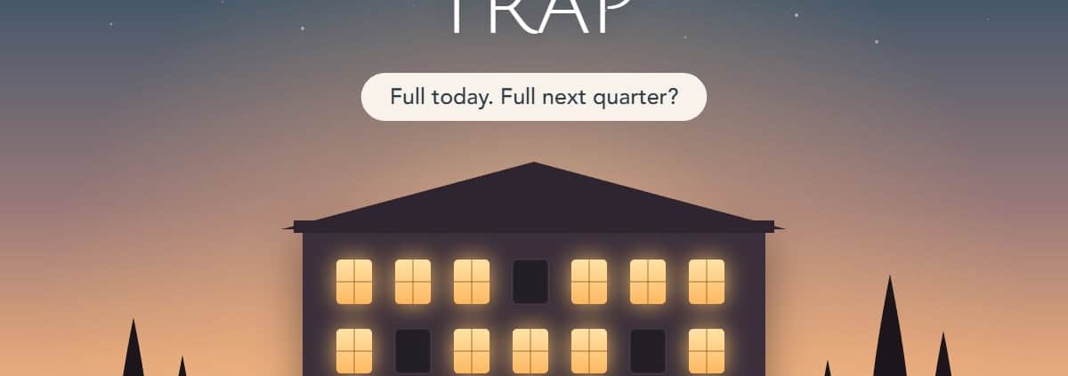 The Occupancy Trap cover: assisted living community at dusk with some windows dark