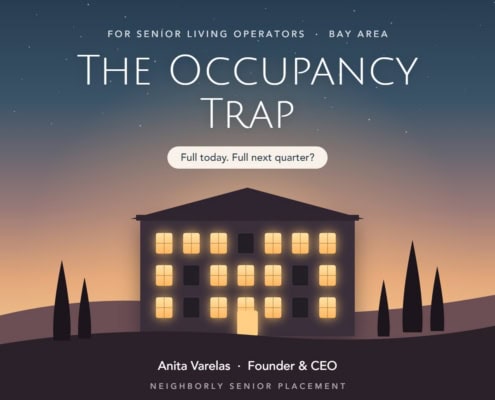 The Occupancy Trap cover: assisted living community at dusk with some windows dark