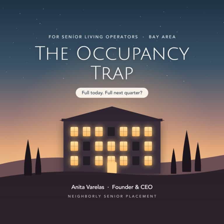 The Occupancy Trap cover: assisted living community at dusk with some windows dark