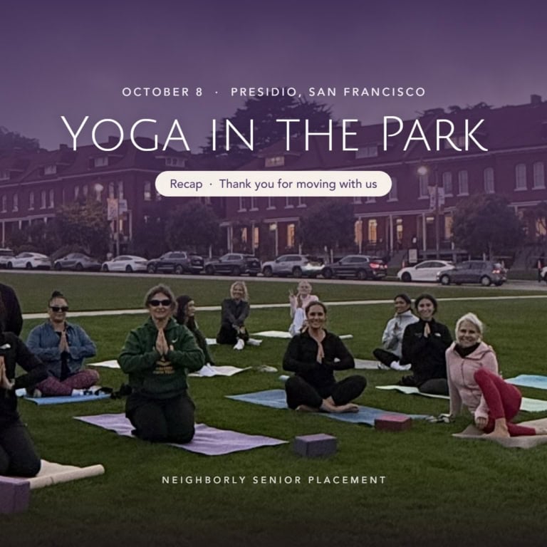 Yoga in the Park recap cover: Neighborly Senior Placement group yoga at the Presidio for the Walk to End Alzheimer’s